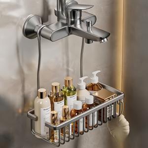TEMU 욕실용 벽걸이형 단면 수납 바구니 - 공간 절약을 위해 설계된 가벼운 알루미늄 샤워 캐디, 샴푸, 컨디셔너 및 기타 물품을 위한 여러 칸막이, 무광 엔드, 욕실 정리 및 보관에 적합
