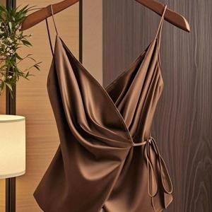 TEMU 성인용 우아하고 패셔너블한 새로운 스타일 단색 브이넥 タイ업 허리밴드 섹시 캐미솔, 사계절용, 안감이나 아우터웨어로 착용 가능