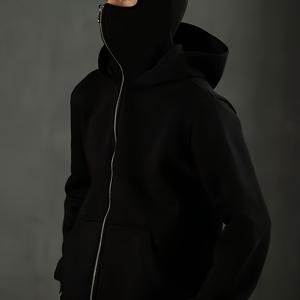 TEMU 남성 캐주얼 단색 블랙 후드 스웨트셔츠 - 캐주얼 긴소매 지퍼 포켓, 봄 가을 겨울 폴리에스터 섬유, 캐주얼 재킷 | 후드티 | 지퍼 후드티