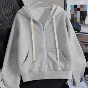 TEMU 여성용 약간 신축성 있는 가을 겨울용 숏 집업 드로스트링 후드티, 여러 색상. 약간 신축성 있고 편안한 착용감. 드로스트링 후드와 지퍼 디자인, 트렌디하고 실용적