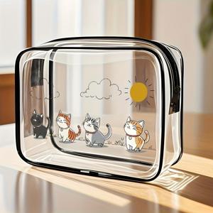 TEMU 여성용 귀여운 고양이 프린트 투명 PVC 화장품 파우치 - 탈색 방지 지퍼 여행용 화장품 정리함, 태비 & 턱시도 고양이 디자인, 가볍고 접이식 메이크업 케이스, 휴가용 (블랙/화이트)