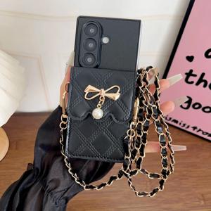 TEMU 단색 반투명 황금색 리본 마름모 패턴 카드 홀더 접이식 휴대폰 케이스, 삼성 갤럭시 Z 폴드 3/4/5/6/7 호환, 여성용 전신 낙하 방지 보호 커버