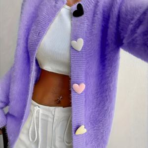 TEMU 컬러풀 하트 버튼이 달린 여성용 퍼플 플러시 가디건, 라운드넥 스위트 쿨 니치 디자인 스웨터 코트