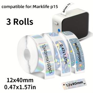 TEMU 레이저 감열 접착 스티커 3롤, 각 롤당 160매 포함, 크기 12mm x 40mm (0.47