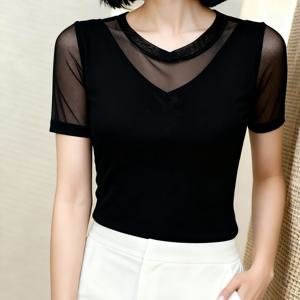 TEMU 여성용 캐주얼 시크 여름 반팔 상의, 디자인과 솔리드 컬러의 다용도 메쉬 패널이 특징입니다.