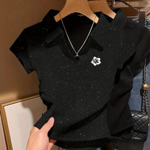 TEMU 8218 - 패션 트렌디 슬림핏 플리츠 칼라 반팔 탑, 실버 시퀸 소재에 플로럴 프린트, 달콤하고 우아한 핏 - LQZ803