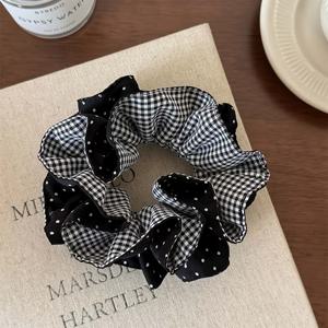 TEMU 흑백 체크무늬/폴카 도트 컨버터블 패브릭 이중층 대형 포니테일 홀더 1개, 브리티쉬 칼리지 스타일 리본 헤어 타이, 심플한 대형 헤어 타이