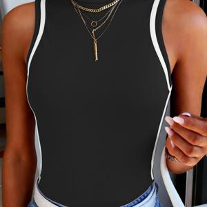 TEMU 여름용 하이넥 컬러블록 민소매 탱크탑 캐주얼 스트레치 티셔츠, 업무 및 여가용