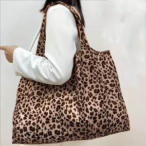 TEMU 여성용 대용량 프린트 토트백 - 우아한 블랙 & 베이지 디자인의 넉넉하고 접이식 쇼핑백, 가볍고 튼튼하며, 데일리, 여행, 직장 등 다양한 용도로 적합