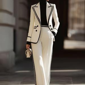 TEMU 2피스 화이트 대비 컬러 우아한 캐주얼 더블 브레스트 수트 세트 LL168