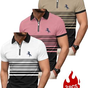 TEMU 남성용 3D 디지털 프린트 여름 셔츠 세트 3pcs – 캐주얼 블랙 & 블루 디자인, 반소매, 지퍼 디테일, 폴리에스터 소재