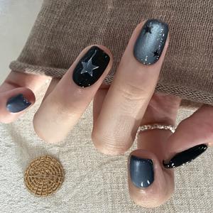 TEMU 10개입 블랙 앤 블루 그라데이션 별 모양 네일 아트, 숏 카트아이 네일 스타일, 세련된 풀 커버 매니큐어, 여성 데일리 출퇴근, 여행, 휴가 및 파티에 완벽, 모임 필수 뷰티 아이템