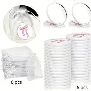 TEMU 12개 핑크 리본 미니 포켓 거울 세트 - HD 포켓 거울 6개 + 선물용 가방 6개 포함, 화이트 파우치, 휴대용 접이식, 여성 선물, 생일, 브라이덜 샤워, 데이 선물에 완벽