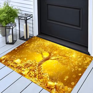 TEMU 1개 골드 머니 트리 러그 - 럭셔리 부자 비누림 방지 세탁 가능, 현관, 거실, 침실, 사무실용 - 접착식 매트 (골드 트리 & 코인 패턴)