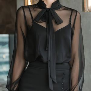 TEMU 여성용 긴팔 섹시 쉬어 쉬폰 셔츠, 프렌치 엘레강스 스타일 및 블랙 리본, 스트랩 미포함, 통근 및 데이트에 적합, 투인원 디자인 LL168