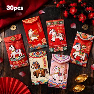 TEMU 혼합 30개 세트 2026년 띠말년 설날 패턴 프린팅 홍봉투, 수놓음 없음, 고급 프린팅 설날 창의적인 새로운 스타일 봉투, 설날용 범용 스타일, 파우치, 행운의 상징과 이중 언어 축복문이 있는 전통 중국 설날 홍봉투, 음력 설날, 가족과 친구를 위한 현금 선물용 봉투, 중국 설날 홍봉투
