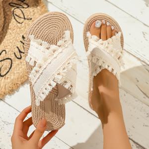 TEMU 여름 여성용 트렌디한 해변 아웃도어 패셔너블 쿨 슬리퍼, 새로운 인조 짚 우븐 스트로 비치 캐주얼 슬리퍼, 우아하고 심플한 화이트 크로스 스트랩 여성 신발