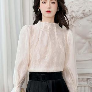 TEMU 첸진 성격 스탠드업 칼라 진주 레이스 셔츠 봄/가을 신상 스타일 작은 향 스타일 고급 탑