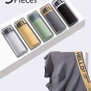 TEMU 남성용 박서 브리프 5팩, 5가지 색상 각각 한 벌씩, 레터링 프린트 탄성 허리밴드, 'hello' 허리밴드, 편안하고 통기성 좋은