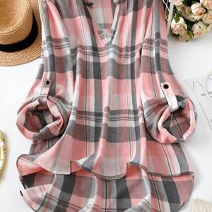 TEMU 패셔너블한 여성용 체크무늬 롤업 커프스 긴팔 셔츠, 우아한 블ouses, 여성 상의, 새로운 봄 여성 의류