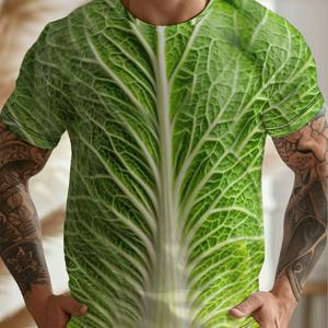 TEMU 프린트 디자인 – 텍스처 없는 남성용 풀바디 레터스 프린트 티셔츠 - 레터스 잎 디자인, 통기성 좋은 반팔 라운드넥 여름용, 테마 이벤트 및 캐주얼 웨어에 적합, 세탁기 사용 가능한 재미있는 채소 테마 의류