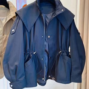 TEMU 여성용 새로운 스타일 후드 드로스트링 허리 미디 기장 재킷, 패셔너블하고 활용도 높은 숄 칼라 단색 캐주얼 지퍼 재킷