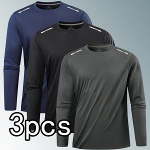 TEMU 남성용 캐주얼 스포츠 티셔츠 3종 세트. 라운드넥, 단색, 속건성 긴소매 디자인. 폴리에스터 원단 사용. 다양한 색상으로 제공. 러닝, 피트니스, 트레이닝, 하이킹에 적합.