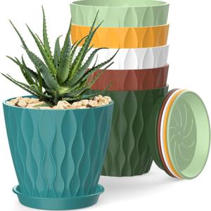 TEMU 배수 구멍과 식물 재배를 위한 트레이가 있는 12개 실내 화분 세트 (화분 6개 + 트레이 6개). 모란, 보라, 다육 식물, 아프리카 보라, 뱀 덩굴, 알로에 꽃과 같은 물결 무늬 텍스처로 적합합니다.