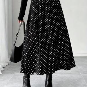 TEMU 블랙 앤 화이트 물방울 무늬 여성 허리 스커트 - 캐주얼 A라인, 세탁기 사용 가능, 올 시즌 활용 가능한 스타일