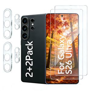 TEMU 삼성 갤럭시 S26 울트라/S26+/S26 플러스 호환 강화유리 스크린 보호필름 2개 + 카메라 렌즈 보호필름 2개 세트, HD 투명, 사운드웨이브 기술, 지문 지원, 스크래치 방지, 기포 없음