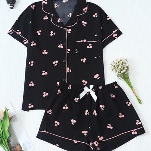 TEMU 봄/여름 여성용 버블 체리 프린트 트림 버튼 캐주얼 파자마 2피스 세트. 편안한 버튼업 상의와 탄력성 허리 리본 쇼츠