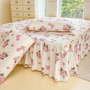 TEMU 신상 봄 도착: 핑크 벚꽃 패턴 베드 스커트 3종 세트 (베드 스커트 1개 + 베개 커버 2개) - 합성 섬유 원단, 워싱 마감, 부드럽고 기계 세탁 가능, 사계절용, 베개 속통 미포함