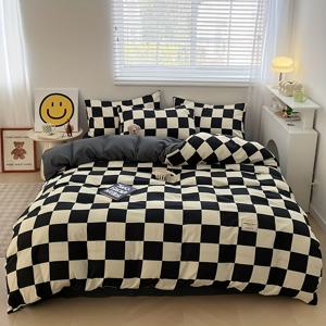 TEMU 4피스 이불 세트 (1*이불 커버 + 1*침대 시트 + 2*베개커버, 이불 코어 제외), 흑백 체크무늬 프린팅 침구 세트, 부드럽고 편안한 사계절용 이불 커버, 침실 및 게스트룸에 적합