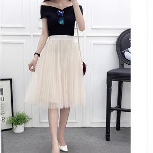 TEMU 여성용 우아한 미디 스커트 - 탄력 있는 허리 & 플리츠 튤 스커트, 솔리드 블랙, 사계절 활용 가능, 캐주얼부터 포멀까지, 하이웨이스트 디자인, 세련된 스타일, 사무실 착용, 내구성 좋은 소재, 패션 애호가를 위한 완벽한 아이템