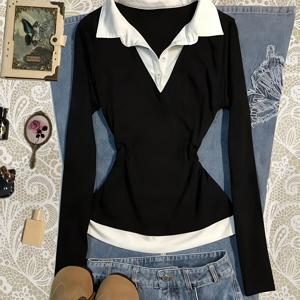 TEMU 여성용 2-in-1 Y2K 컬러 셔츠 탑 - 칼라 블라우스 긴팔, 캐주얼, 오피스 & 세미포멀 착용 가능 - 세탁기 사용 가능 솔리드 컬러 스위치 블라우스