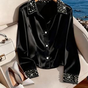 TEMU 우아한 여성용 반팔 셔츠, 커프스 및 칼라에 비즈 장식 | 라펠 스타일, 단색, 봄/여름 시즌