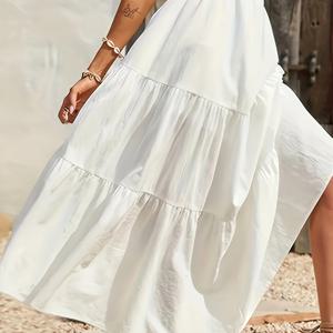 TEMU 단색 캐주얼 휴가용 A라인 흐르는 듯한 스윙 롱 여성 스커트