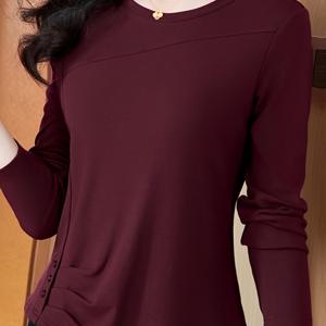 TEMU 우아하고 편안한 여성용 긴팔 비스코스 티셔츠, 크루넥, 레귤러 핏, 단색, 중간 정도 신축성 있는 원단, 비스코스 및 엘라스테인, 제곱미터당 180그램, 여성용 봄/가을 풀오버 티셔츠