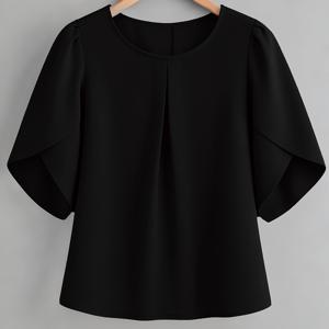 TEMU 여성 패션 우아한 가슴 플리츠 커프스 러플 반팔 셔츠