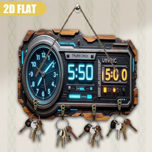 TEMU 2D 평면 트루클로 대형 빈티지 우드 벽시계 키홀더 포함 | 디지털/ 디스플레이, 우드 멀티펑션 키, 빈티지 라디오 스타일 디자인, 네온 효과가 있는 그린 핸즈, 홈, 현관, 입구에 적합, 2D 평면 디자인, 2D 평면