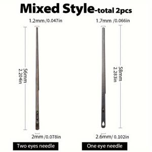 TEMU WUTA 2개 스틸 로프 바늘 - 코드 프로젝트용 내구성 있는 공예 및 바느질 도구, 원아이 & 투아이 스티칭, DIY 레이스 액세서리, 길이 58mm & 56mm, 구멍 지름 2.6mm & 2.0mm, 가죽 작업 및 손바느질에 이상적, 바느질 용품 액세서리, DIY 지갑 만들기