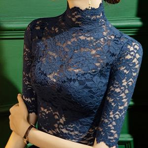 TEMU 2024 봄/여름 신상 레이스 베이스 셔츠 여성용 5분소매 슬림 스탠드업 칼라 패셔너블 미디엄 슬리브 티셔츠 섹시 반팔