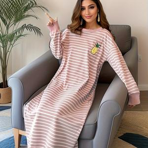 TEMU 봄가을 긴팔 여성용 나이트가운 루즈핏 캐주얼 홈 가운 라운드넥 풀오버 슬립드레스 에어컨룸웨어