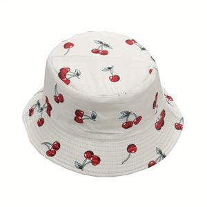 TEMU 체리 프린트 과일 패턴 여성용 양방향 버킷햇, 트렌디한 브랜드 썬햇, 한국 스타일 남녀공용 모자