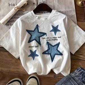 TEMU 여성용 별 프린트 및 레터링 캐주얼 반팔 티셔츠