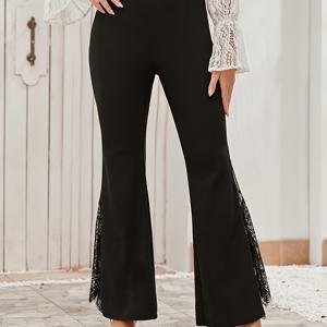 TEMU 시스루 & 레이스 벨바지 팬츠 - 솔리드 컬러 와이드 플레어 트라우저, 레이스 트림, 손세탁 가능 - 웨딩 게스트 & 아웃핏용 - 레이스 패널링 없음