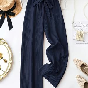 TEMU 다크 플리츠 텍스처 와이드 레그 팬츠, 프릴 하이 웨이스트 및 보우 타이 레그 팬츠