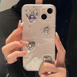 TEMU 폰 케이스: 럭셔리 레트로 샤이니 라인스톤 러브 하트 큐피드 천사 실버리 포일 에폭시 투명 휴대폰 케이스, 아이폰 16 프로맥스 15 프로맥스 14 플러스 13 12 프로 호환, 투명 스파클링 보호용 후면 커버