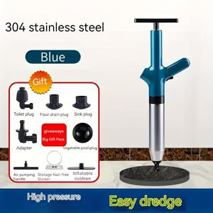 TEMU 고압 에어 변기 배관 스네이크 키트, 강력한 충격파 배수구 클리너 (스탠리스 스틸 나선형 포함), 변기, 싱크대 및 배관 막힘 제거용, 강력한 배수 도구, 금속 및 플라스틱, 수동 작동, 배터리 불필요