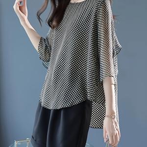 TEMU 새로운 스타일리시하고 우아한 스몰 셔츠 배트윙 셔츠 루즈 헴 러플 프린트 쉬폰 셔츠 7부 소매